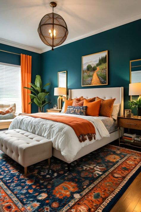 Green Blue And Orange Bedroom, Minimalist Room Color, Deep Turquoise Bedroom, Dark Teal Room Ideas, Deep Bedroom Colors, Dark Orange Room, Teal Blue Bedroom Ideas, Bold Bedroom Colors, Blue Orange Room