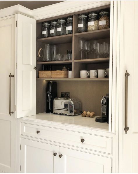 Appliance Cupboard, Cupboard Ideas, Appliance Cabinet, Appliance Garage, Larder Unit, Coffee Nook, Shaker Kitchen, Kitchen Appliance, Kitchen Extension