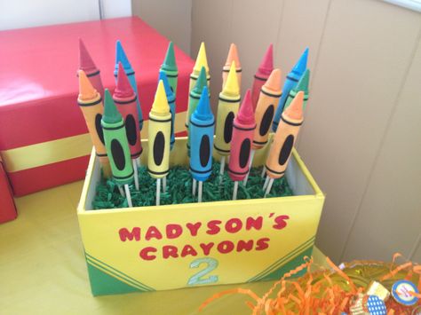 Crayon Cake Pops! - These were also made for my daughter's 2nd birthday party.  Let me just say, they were not easily made!  I used instruction from the wilton cake pop book.  They are very time consuming to make, but so worth it!  If you look closely you will see they are nowhere near flawless but cute nonetheless.  Everyone loved them!  TFL :) Crayola Decorations, Crayons Cake, Crayon Cake, Crayon Ideas, Crayola Party, Crayola Birthday Party, Crayon Birthday Parties, Teacher Cookies, School Cupcakes