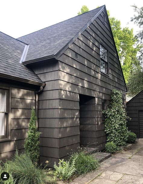 Back House Exterior, Scandi Exterior House, Scandi Exterior, 70s Remodel, Kaemingk Design, Dark Siding, Dark Exterior House, Outside Paint, Garage Exterior