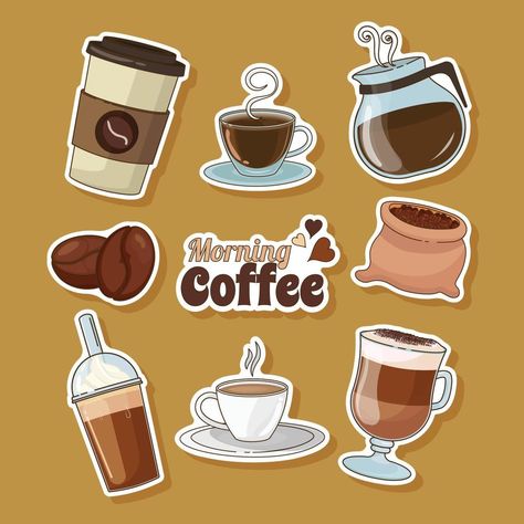 Cute Cartoon Coffee Theme Sticker for Journal Coffee Stickers Printable, Sticker For Journal, Coffee Merch, Coffee Journal, Coffee Sticker Design, Coffee Poster Design, Sticker Design Inspiration, Paint Water, Paper Background Design