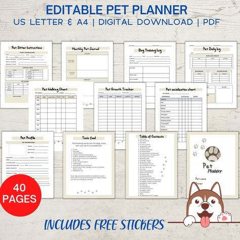 Visit my #etsy shop: Pet planner printable and editable, puppy planner, pet care planner, pet care binder printable instant download https://etsy.me/3NFMJtS #editableplanner #petplanner #petbinder #petcarebinder #petstickers #pethealth Dog Binder, Pet Binder, Puppy Health Record Printable Free, Bujo Pet Tracker, Pet Sitter Instructions, Pet Care Planner, Pet Planner, Dog Organization, Pet Organization