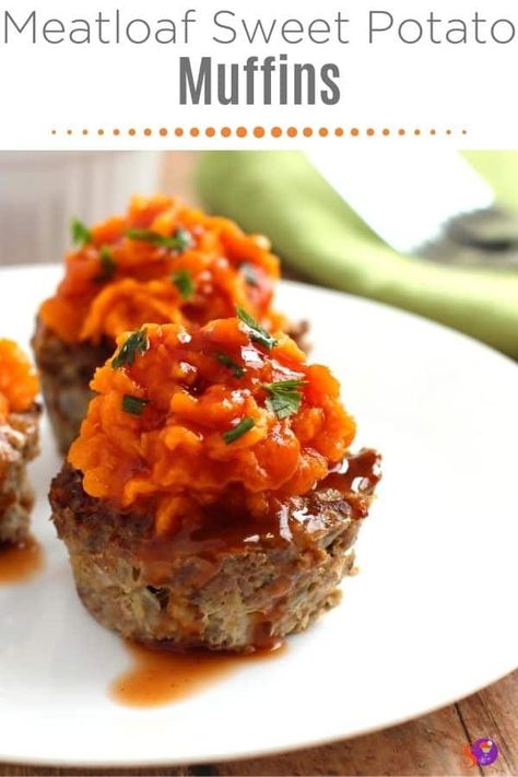 These delicious Meatloaf Sweet Potato Muffins will be a huge hit at dinner time.  I love the unique twist of decorating your meatloaf muffins with a sweet potato mashed up into a frosting-like appearance.Whole 30, Paleo, Nut-free, and Gluten-Free healthy meal. #healthyrecipe #glutenfree #whole30 #paleo#nutfree #recipes #meatloaf #sweetpotato Whole30 Meatloaf, Sweet Potato Muffin Recipe, Smashed Sweet Potatoes, Sweet Potato Toppings, Delicious Meatloaf, Potato Muffins, Meatloaf Muffins, Sweet Potato Muffins, Nut Free Recipes