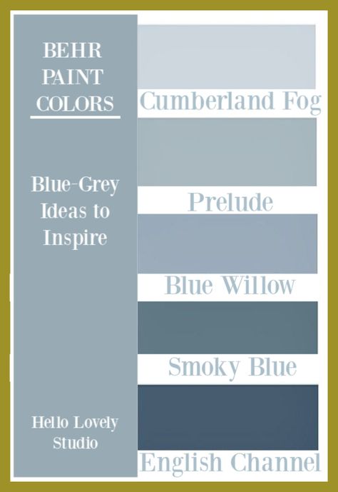 Blue Grey paint color ideas from Behr Paints - on Hello Lovely Studio. #bluegrey #bluegray #paintcolors #graypaintcolors Behr Paint Colors Blue Gray, Behr Paint Blue Grey, Best Behr Blue Gray Paint Colors, Behr Smokey Blue, Grey Blue Paint Behr, Blue Gray Behr Paint Colors, Behr Slate Blue Paint Colors, Blue Grey Paint Color Behr, Light Slate Blue Paint