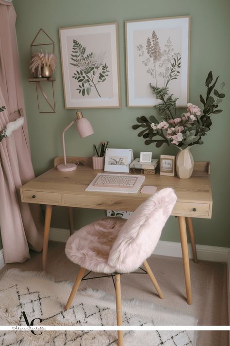 Study Ideas Room Home Office Green, Pink And Green Home Office Ideas, Teenage Office Ideas, Light Sage Green Office, Mint Home Office, Sage And Pink Office, Home Paint Studio Ideas, Mint Office Decor, Office And Bedroom Ideas