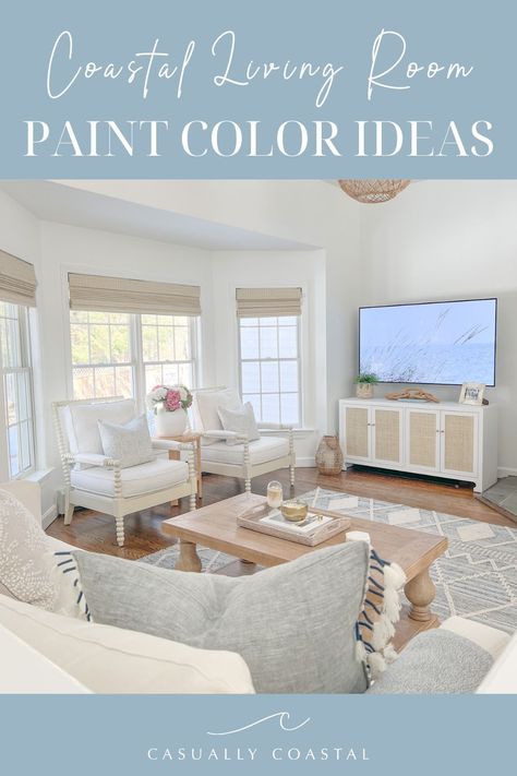 From neutral to bold, bring the coast indoors with these perfect coastal living room paint colors! #coastalpaintcolors #neutralpaintcolors #livingroomcolors Calming Coastal Paint Colors, Paint Colors For Coastal Home, Soft Blue Living Room Walls, Coastal Accent Walls In Living Room, White Walls Living Room Paint, Coastal Wall Colors Living Room, Coastal Living Room Colors, Sw Sea Salt Living Room, Coastal Living Room Color Palette