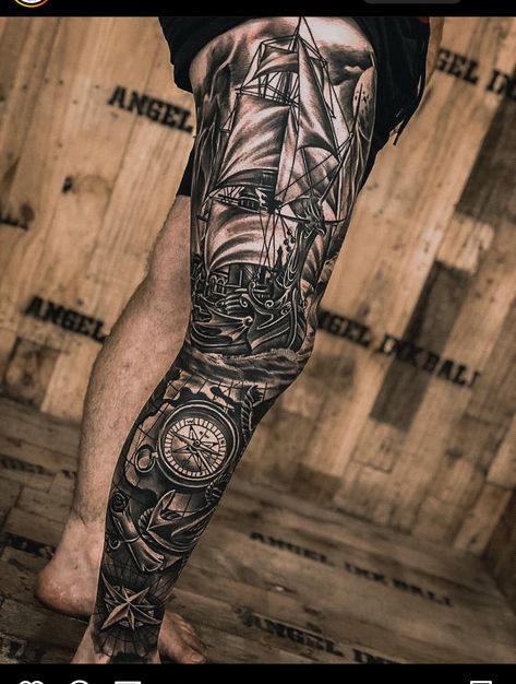 Pirate Tattoo Sleeve, Sea Tattoo Sleeve, Norwegian Tattoo, Relentless Betrayal, Nautical Tattoo Sleeve, Koi Tattoo Sleeve, All Black Tattoos, Full Leg Tattoos, Abstract Tattoo Designs