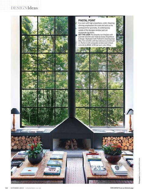 Never thought a fireplace in front of a window could work. Love the wood storage under the window seat. Fireplace Window Wall, Scandinavian Windows, Stacking Windows, Stacked Windows, Geometric Fireplace, Grid Windows, Barn Extension, Scandinavian Window, Industrial Fireplace