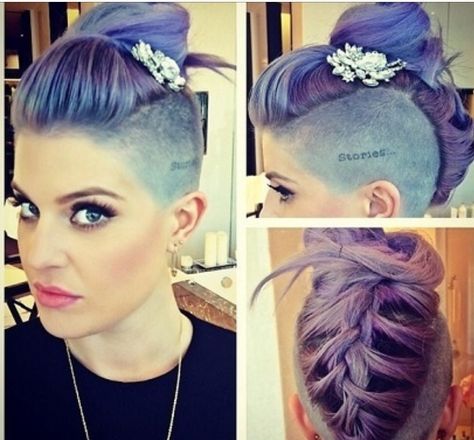 Hair: Braided #updo #Shaved Kelly Osbourne Hair, Cabelo Pin Up, Half Shaved Head, Half Shaved Hair, Half Shaved, Kelly Osbourne, Mohawk Hairstyles, Faux Hawk, Funky Hairstyles