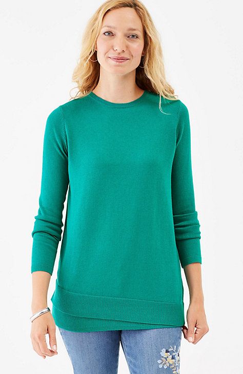 layered-hem pullover Spring Green T-shirt With 3/4 Sleeve, Green Sweater Top, Classic Green V-neck Long Sleeve Sweater, Kelly Green Sweater, Green Long Sleeve Cashmere Sweater, Green Moisture-wicking Crew Neck Jersey, Teal Cashmere Sweater, Light Grey Sweater, Chunky Cable Knit Sweater