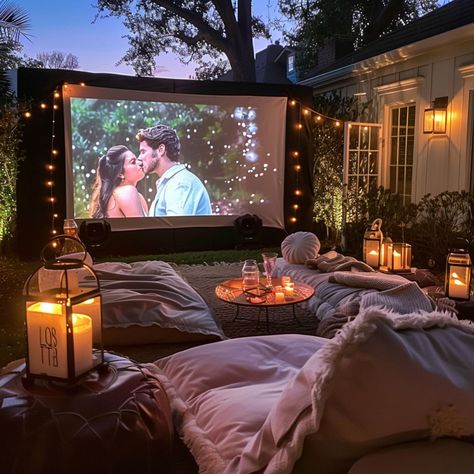 The best guide to an outdoor movie night. A collection of fun outdoor movie night ideas. I have gathered ideas for your next outdoor movie night. Outdoor move themes that you can have in your backyard. Outdoor Backyard Movie Night, Garden Movie Night Aesthetic, Movie Backyard Ideas, Movie Garden Party, Backyard Movie Seating Ideas, Backyard Birthday Movie Night, Inflatable Movie Screen Backyards, Backyard Movie Night Aesthetic, Home Outdoor Movie Night