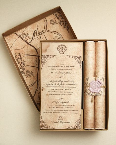 This vintage box invitation will take you do a whole new world. It was such a pleasure to take on this unique project. Wrote about this project in the website. Link in bio :) #weddingph #invitationsph #weddinginvitation #invitationsuite #boxinvitation #bespokeinvitation #calligraphyph Scroll Wedding Invitations Vintage, Old Wedding Invitations, Wedding Invitation Vintage, Unique Wedding Invitations Elegant, Creative Invitation Design, Vintage Invitation Card, Victorian Wedding Invitations, Royal Invitation, Scroll Wedding Invitations