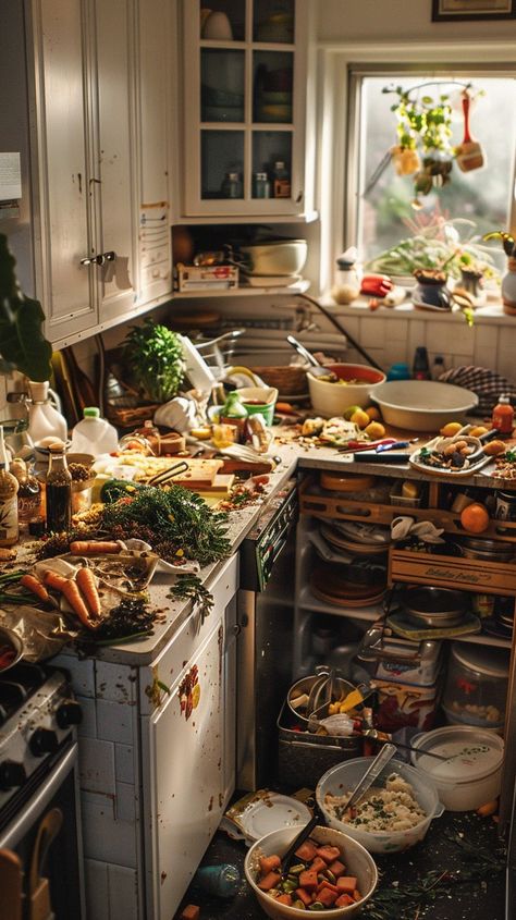 Chaotic Kitchen Scene: A bustling kitchen bursting with a colorful array of ingredients and dishes in mid-preparation. #kitchen #mess #cooking #vegetables #fruits #aiart #aiphoto #stockcake ⬇️ Download and 📝 Prompt 👉 https://ayr.app/l/eohF Cooking In Kitchen Aesthetic, Chaotic Kitchen, Student Kitchen, Cluttered Kitchen, Cooking Vegetables, Kitchen Scene, Scene Image, Music For You, 2025 Vision