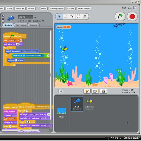 How to make a fish game in Scratch. From Redware. Scratch Game Ideas, Homeschool Coding, Elementary Computer Lab, Computer Lab Classroom, Scratch Programming, Simple Video, Learn Computer Coding, Computer Science Engineering, Interactive Board