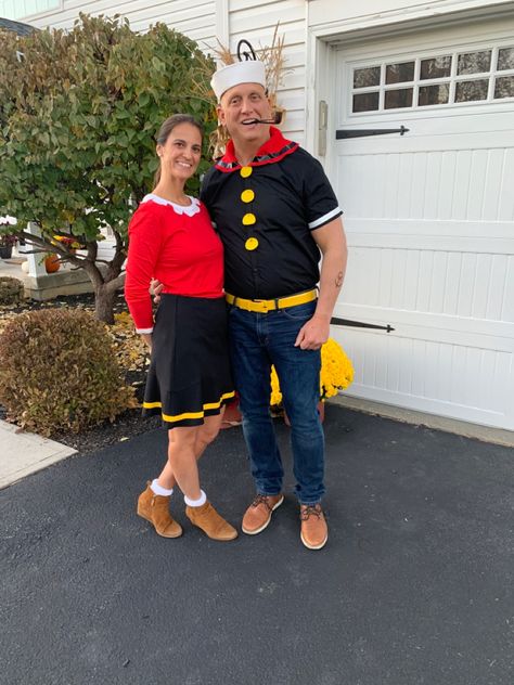 DIY costume of Popeye and Olive Oil Olive And Popeye Costume Couple, Olive And Popeye Costume, Olive Oil Popeye Costume, Popeye And Olive Oyl Costume Diy, Popeyes And Olive Costume, Pop Eye And Olive Oil Costume Diy, Popeye Olive Costume, Popeye Halloween Costume Family, Olive Oil Costume Diy