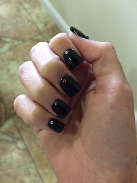 Acrylics black with tiny rhinestones Black With Gems Nails, Black Nails, Short Nails, Acrylic Nails, Nails, Gemstones, Beauty, Black