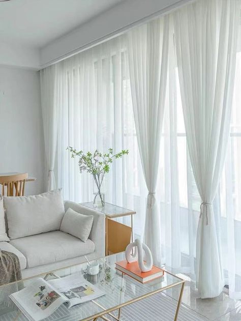 White Silk Curtains Living Room, White Curtains Bedroom Aesthetic, White Curtain Ideas, White Curtains Aesthetic, White Voile Curtains, White Curtains Living Room, White Curtains Bedroom, Counselling Room, Single Panel Curtain