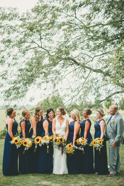 Sunflower And Blush Wedding, Navy Blue And Sunflower Wedding Country Bridesmaid Dresses, Sunflower Wedding Navy Blue, Sunflower Wedding Bridal Party, September Sunflower Wedding, Navy And Sunflowers Wedding, Wedding Colors That Go With Sunflowers, Navy Blue Bridesmaid Dresses With Sunflowers, Navy And Sunflower Wedding Decorations