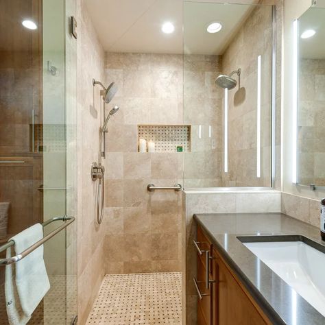 Neutral Shower Tile Combinations, Beige Guest Bathroom, Bathroom Tile Brown And Cream, Cream Color Shower Tile, Tan Shower Bathroom Ideas, Beige Tile Bathroom Ideas, Beige Tile Bathroom Color Schemes, Travertine Bathroom Update, Bathroom Beige Tile Color Schemes