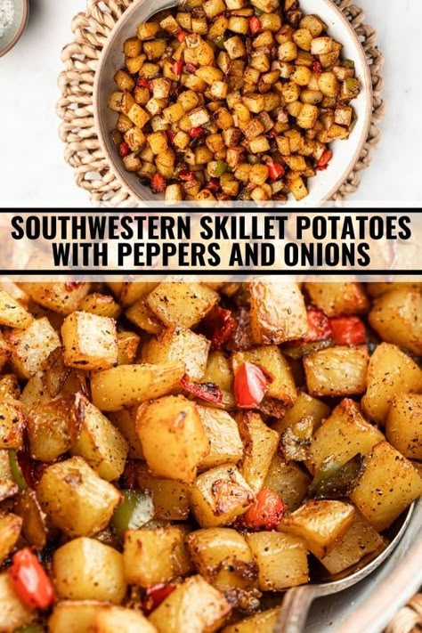 Southwestern Skillet Potatoes with Peppers and Onions - The Whole Cook Breakfast Potatoes With Peppers And Onions, Potato Green Pepper Onion Recipe, Potatoes Bell Peppers Onions, Bell Pepper And Potato Recipes, Roasted Potatoes With Peppers And Onions, Potato Peppers Onions, Skillet Red Potatoes, Potatoes And Onions Skillet, Roasted Potatoes And Peppers