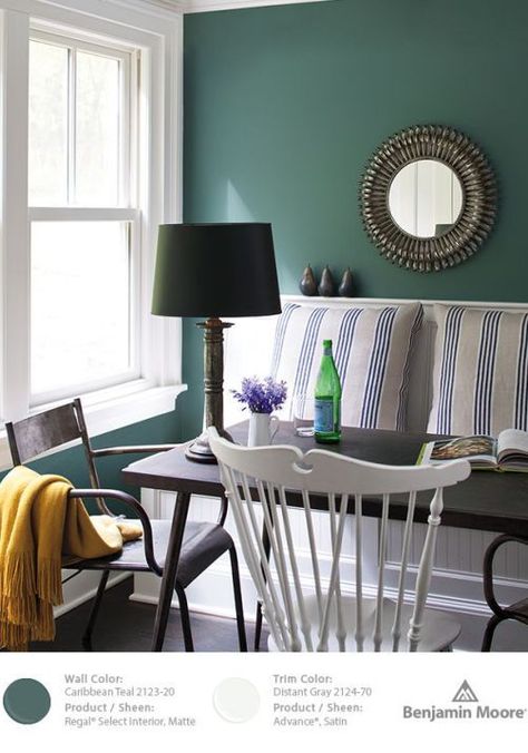 Benjamin Moore Caribbean Teal Dining Room Paint Colors, Dining Room Paint, Paint Colors Benjamin Moore, Benjamin Moore Colors, Green Walls, Room Paint Colors, Interior Painting, Farmhouse Interior, Interior Paint Colors