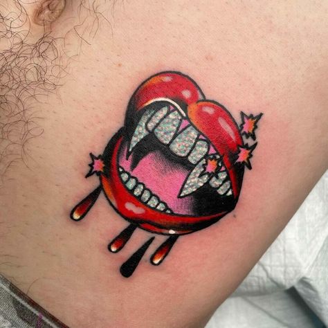 Dark Fem Tattoos, Unhinged Tattoo, Mouth On Hand Tattoo, Heart Shark Tattoo, 2000s Cartoon Tattoos, Traditional Lips Tattoo, Gummy Worm Tattoo, Ring Pop Tattoo, Small Glitter Tattoo