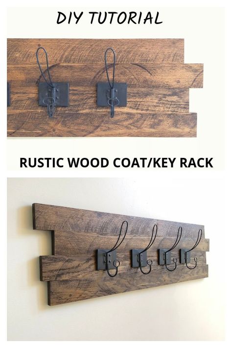 Step by Step Tutorial for how to make this DIY Rustic Wood Coat/Key Rack. Simple steps and really inexpensive! #homedecor #DIY #walldecor #rustic #woodworking #vintagehooks Diy Rustic Farmhouse, Woodworking Tools List, Woodworking Desk, Rustic Woodworking, Woodworking Supplies, Pallet Crafts, Key Rack, Organization Diy, Creative Things