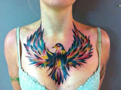 bird chest tattoo Pixel Tattoo, Full Chest Tattoos, Bird Tattoos For Women, Phönix Tattoo, Vogel Tattoo, Small Chest Tattoos, Colorful Tattoos, Phoenix Tattoo Design, Cool Chest Tattoos