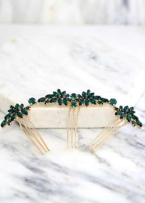 Bridal Hair Comb, Swarovski Hair Comb, Hair Side Comb, Bridal Emerald Hair Accessories, Bridal Green Emerald Hair Comb, Emerald Hair Comb Emerald Green Hair, Emerald Hair, Silver Hair Comb, Hair Accessories Bridal, Side Comb, Rhinestone Hair Comb, Crystal Hair Comb, Crystal Headpiece, Comb Hair