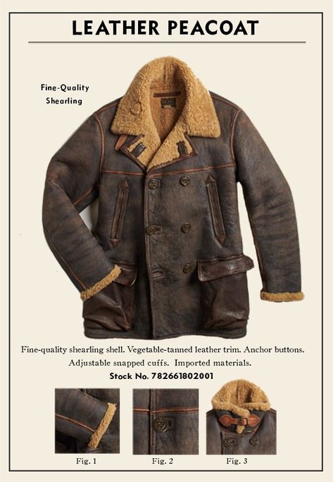 Brown Shearling Outerwear With Padded Collar, Men’s Shearling Jacket, Vintage Brown Double-breasted Pea Coat, Rugged Brown Sheepskin Outerwear, Vintage Brown Shearling Outerwear, Stylish Men Wear, Ralph Lauren Leather, Peacoat Jacket, Men's Leather Jacket