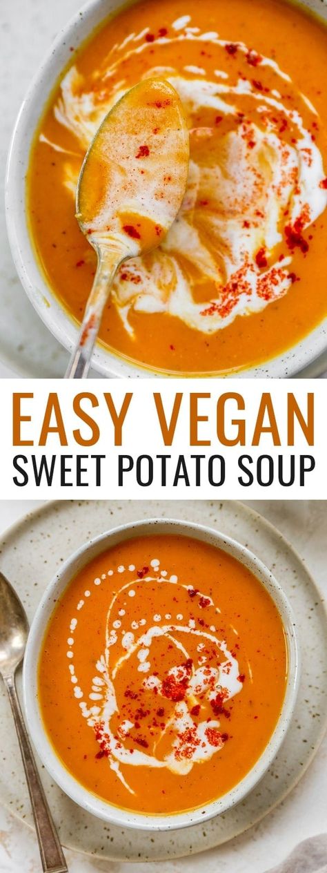 This vegan sweet potato soup combines sweet potatoes, fresh ginger, spices and coconut milk for a velvety smooth soup that is loaded with flavor. It’s so rich and creamy you won’t miss the dairy! Vegan Sweet Potato Soup, Pumpkin Sweet Potato Soup, Sweet Potato Soup Vegan, Pantry Meals, Toasted Baguette, Sweet Potato Soup Recipes, Sweet Soup, Clean Eating Meal Plan, Vegan Sweet Potato