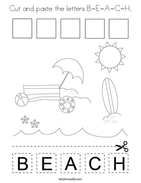 Cut and paste the letters B-E-A-C-H Coloring Page - Twisty Noodle Ocean Worksheets, Panca Indra, Color Printables, Coloring Pages Nature, Beach Coloring Pages, Summer Worksheets, Weather Crafts, Middle School Science Experiments, Twisty Noodle