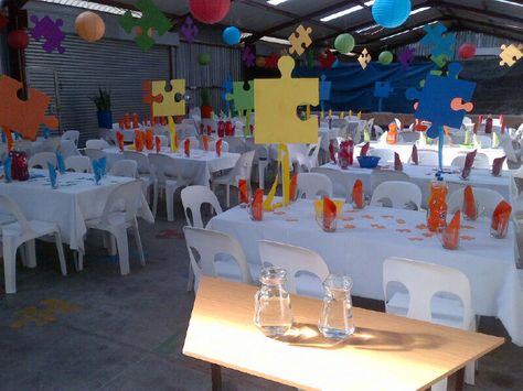 Puzzle Party Theme Puzzle Piece Classroom Theme, Puzzle Piece Centerpieces, Puzzle Theme Party Decorations, Puzzle Piece Decorations, Puzzle Party Decorations, Puzzle Themed Birthday Party, Puzzle Piece Adoption Party Ideas, Puzzle Piece Centerpiece Ideas, Puzzle Centerpiece Ideas