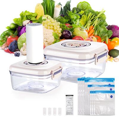 Set Contents】Automatic Pump x 1（Requires 4 x 5A batteries, not included),vacuum food storage container 700ML (5.7"x5.1"x3.1") x 1, vacuum food storage container 1400ML (6.8x"6.2"x4.0") x 110Pcs Vacuum Sealer Bags, 4 Sealing Clips【Vacuum Container & Bag Compatible】By using the vacuum pump in combination with the attached storage container and vacuum bag, the freshness of food such as meat, fish, vegetables and fruits can be extended up to 5 times. In addition, this product is easy to operate, jus Vacuum Container, Vacuum Food Sealer, Vacuum Machine, Vacuum Sealer Bags, Food Storage Container Set, Food Storage Boxes, Best Vacuum, Wet Dry Vacuum, Food Saver