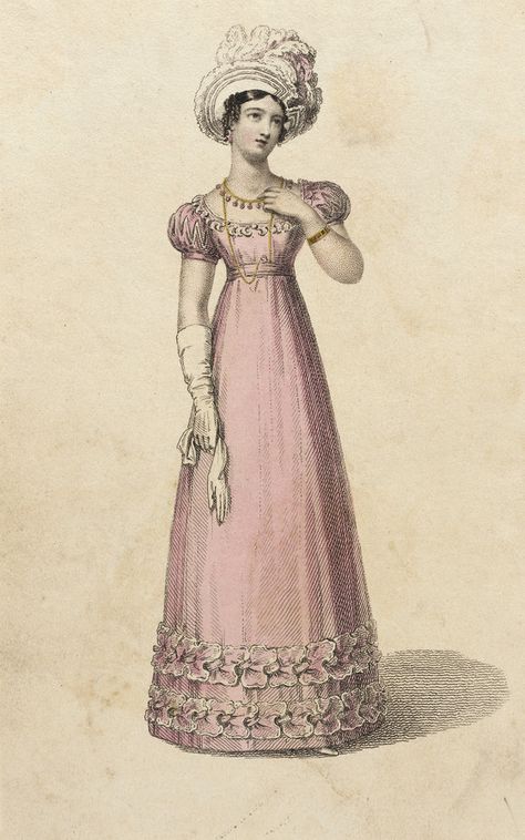 Fashion Plate (Evening Dress) | LACMA Collections 1820s Dress, 1820s Fashion, Dinner Party Dress, Pink Board, Purple Shawl, Romantic Period, 1800s Fashion, Regency Dress, Regency Fashion