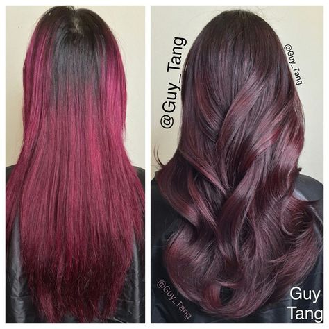 I wanted to soften my client @raeview 6 months old magenta color. A cm trim and @schwarzkopfusa vibrance gloss and tone 6-7 4-65 13vol dedicated developer to soften and neutralized the violet under tones in the magenta previous color and created a softer redwood tone. You can prelift base with highlights using #fashionlights by #igora  to connect the demarcation first before glossing. #schwarzkopfPRO #marsala #pantoneoftheyear Igora Hair Color, Igora Vibrance, Schwarzkopf Hair Color, Schwarzkopf Color, Everyday Hair, Guy Tang, Coloured Hair, Magenta Color, Beautiful Hair Color