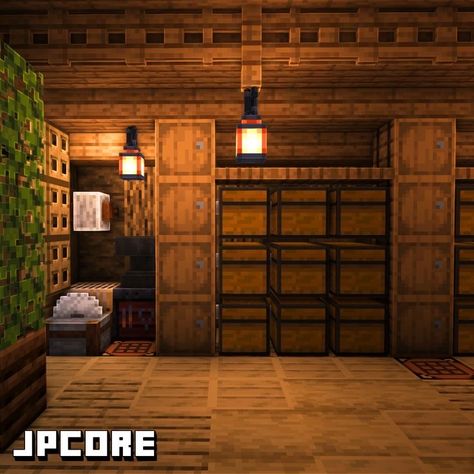 Crafting Room Ideas Minecraft, Minecraft Villager Room Ideas, Intirear Design Minecraft, Mc Storage Room Ideas, Minecraft Chest Room Ideas Small, Minecraft Survival Room Ideas, Armor Stand Display Minecraft, Minecraft Storage Interior, Cute Minecraft Basement Ideas