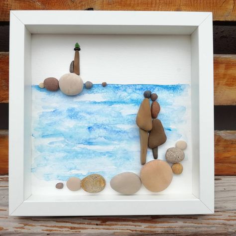 Beach Scene Pictures, Art Picture Frame, Stone Artwork, Sunset Canvas Painting, Stone Pictures Pebble Art, Sea Glass Art Projects, Sky Art Painting, Rock Sculpture, Glass Art Projects