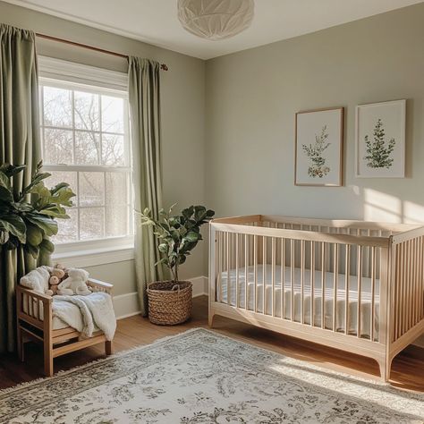 A playful yet calm nursery with neutral patterns and textures. The room includes a grey crib, a patterned rug in beige tones, and textured throw pillows on a cozy chair. The walls are white with subtle geometric patterns, and the room is softly lit. Cream Crib Nursery, L Shaped Nursery Layout, Pigeon Farrow And Ball Nursery, Grey And Tan Nursery, Magnolia Home Nursery, Eucalyptus Nursery Decor, Neautral Baby Room, Nursery Room Set Up, Nursery Nook Ideas Master Bedrooms