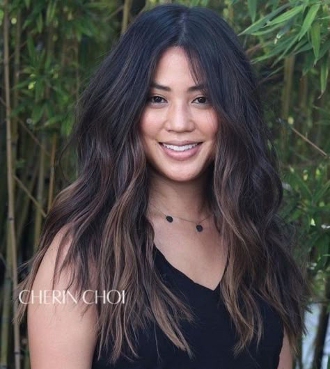 Dark Brown Hair Balayage Curtain Bangs, Black Hair With Partial Balayage, Black Hair With Subtle Balayage, Black Hair Summer Color, Beachy Black Hair, Black To Light Hair, Coffee Balayage On Black Hair, Black Hair Balayage With Bangs, Black Hair Balayage Filipino