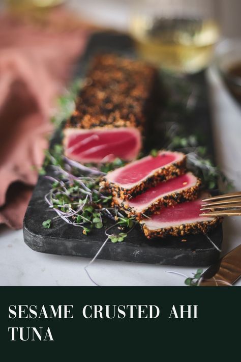 This ahi tuna is seared in a flavorful sesame crust to a perfect rare temperature. It's delicious, beautiful, and so satisfying! Ahi Tuna Steak Recipe, Sesame Crusted Tuna, Ahi Tuna Recipe, Seared Tuna Steaks, Ahi Tuna Steak, Tuna Steak Recipes, Resep Seafood, Grilled Tuna, Tuna Steak