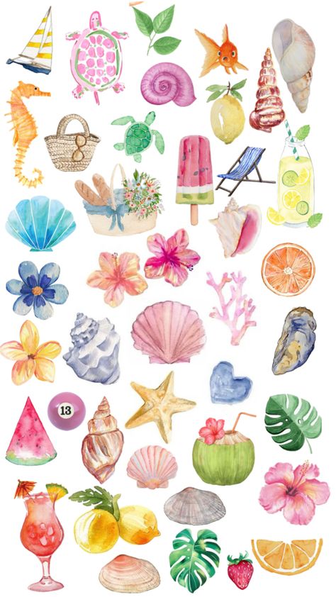 Aesthetic Watercolour Painting Ideas, Summer Phone Case Ideas, Beach Pattern Illustration, Summer Stickers Aesthetic, Wall Collage Beach, Beachy Drawings, Sticker Art Ideas, Art Aesthetic Vintage, Free Printable Sticker