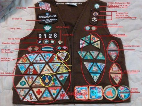 Brownie vest with ALL the badges and official insignia. Girl Scout Badge Placement, Girl Scout Brownie Vest, Brownie Vest, Girl Scout Brownie Badges, Girl Scout Vest, Girl Scout Brownie, Brownie Ideas, Cookie Booth, Brownie Badges