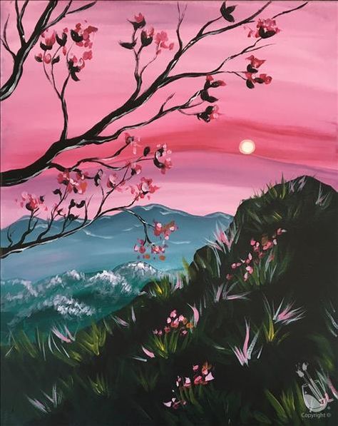 How to Paint Tranquil Spring Morning at a Painting with a Twist night out! Spring Paint Night, Night Garden Painting, Sakura Painting Acrylic, Garden At Night Painting, Sakura Landscape Painting, Easy Landscape Paintings, Sunrise Painting, Small Canvas Paintings, Canvas Drawings