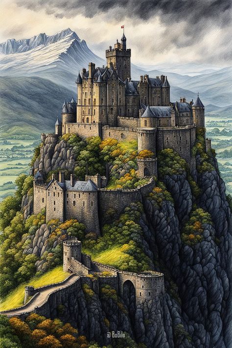 Discover Majestic Mountain Castles: Stunning Digital Art Depicting Grandeur. Inspired by Scotland Castles On Mountains, Mountain Castle Fantasy Art, Fantasy Kingdom Art, Medieval Castle Art, Minecraft Skyrim, Fantasy Castle Art, Minecraft Mountain Castle, Castle On A Mountain, Medieval Mansion