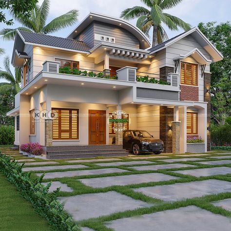 Contemporary Mixed Roof House Design - Elegant Living Spaces Mixed Roof House Design, Kerala Style House Plan, Kerala Style House, Roof House Design, Kerala Home, Roof House, Tropical Greenery, Front Elevation Designs, Kerala House Design