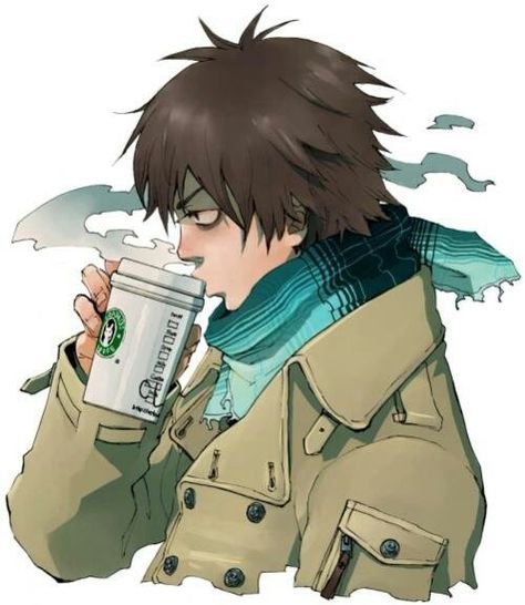 Anime Guy Drinking Coffee, Holding Coffee Pose Reference, Holding Coffee Cup Drawing, Anime Drinking Coffee, Holding Coffee Pose, Drinking Coffee Pose Drawing, Anime Reference Pose, Kazue Kato, Winter Sketch