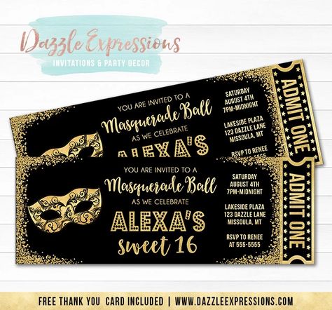 Masquerade Black and Gold Ticket Invitation - FREE thank you card – Dazzle Expressions Masquerade Black And Gold, Masquerade Wedding Invitations, Masquerade Party Themes, Prom Invitations, Sweet 16 Masquerade Party, Mascarade Party, Gold Ticket, Masquerade Invitations, Masquerade Party Invitations