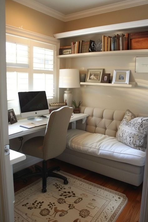 Desk Around Window, Small Office In Living Room, Tiny Study Room, Small Office Room Ideas, Home Office Small Room, Bedroom Workspace Ideas, Cozy Office Ideas, Small Room Office Ideas, Home Office With Sofa