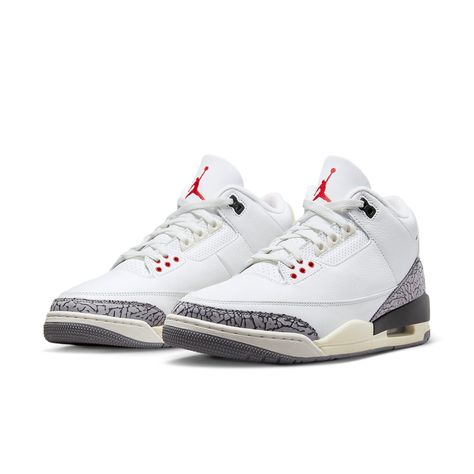 Introducing the Air Jordan 3 Retro 'White Cement Reimagined' - celebrating the 35th anniversary of an AJ3 classic. This reimagined design is true to its original 1988 specs, complete with a white leather upper and elephant print overlays on the heel and toe. Subtle hints of Varsity Red form the signature Jumpman logo and lace loops, plus Nike Air branding is featured on the back heel tab for added flair. Enhanced cushioning comes via a visible air unit for lightweight comfort, while yellowing on the back heel and midsole make for a vintage look. Get ready to join history in these timeless shoes! DN3707-100 White Cement Reimagined, Jordan 3 White Cement, Jordan Sneaker, Low Air Jordan 1, Converse Run Star, White Cement, Jordan 3 Retro, Black Cement, Air Jordan 3 Retro